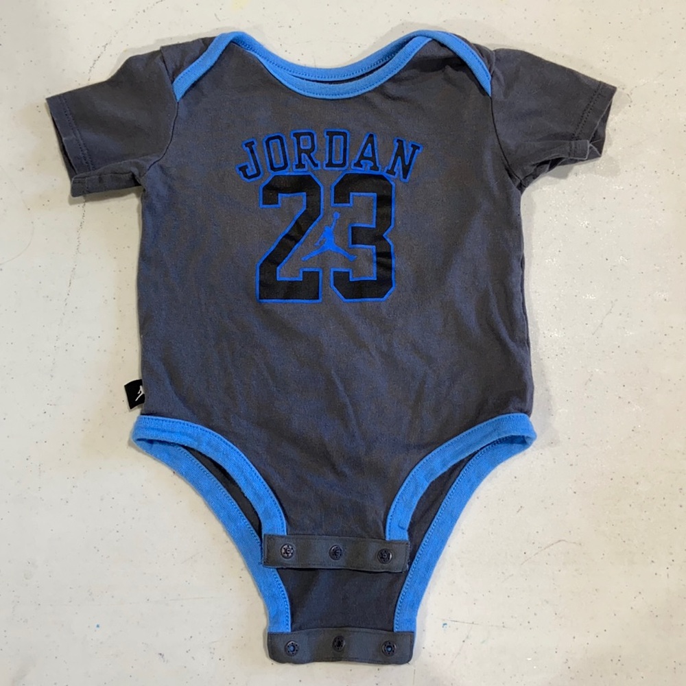Baby gray/blue Jordan onesie 3-6M